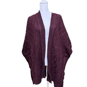 LOFT M/L Burgundy Cable Knit Open Front Cardigan Sweater Wrap Wool Blend Cozy